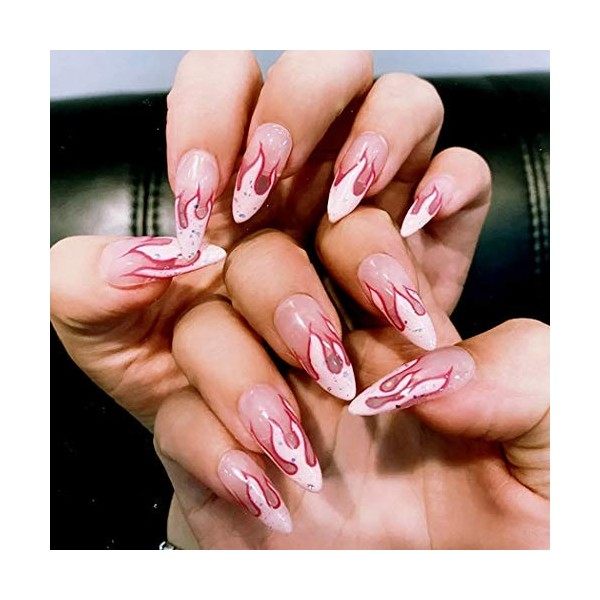 Sethexy Brillant Longue Faux ongle Ballerine Noir Briller Faux ongles Cercueil Flamme Salon Bouts dongles Couverture Acryliq