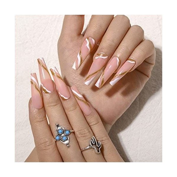 Sethexy Longue Ballerine Faux ongles Rose faux ongles Cercueil Coller sur les ongles Brillant Pente Ongles avec de la colle 2