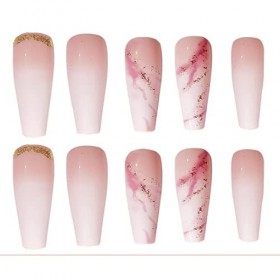 Prosy 24pcs Cercueil Français Ballerine Presse sur les Ongles Long Dégradé Marbre Cristal Faux Ongles Acrylique Art Couvertur