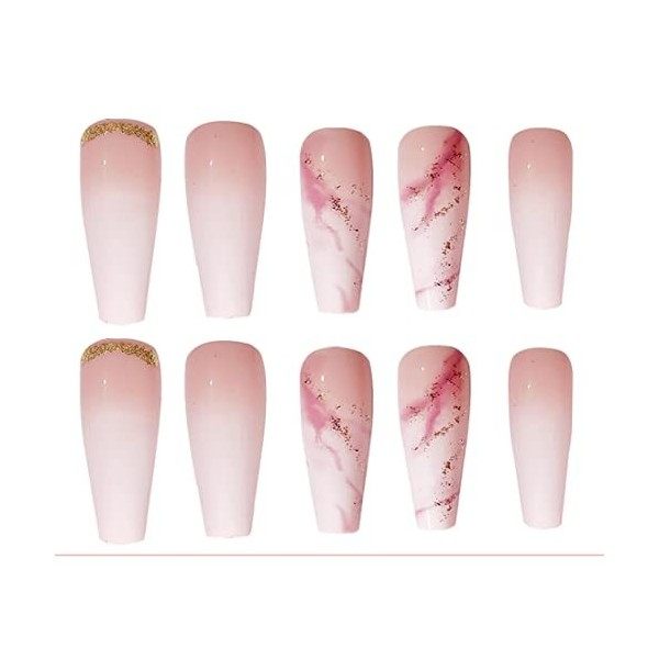 Prosy 24pcs Cercueil Français Ballerine Presse sur les Ongles Long Dégradé Marbre Cristal Faux Ongles Acrylique Art Couvertur