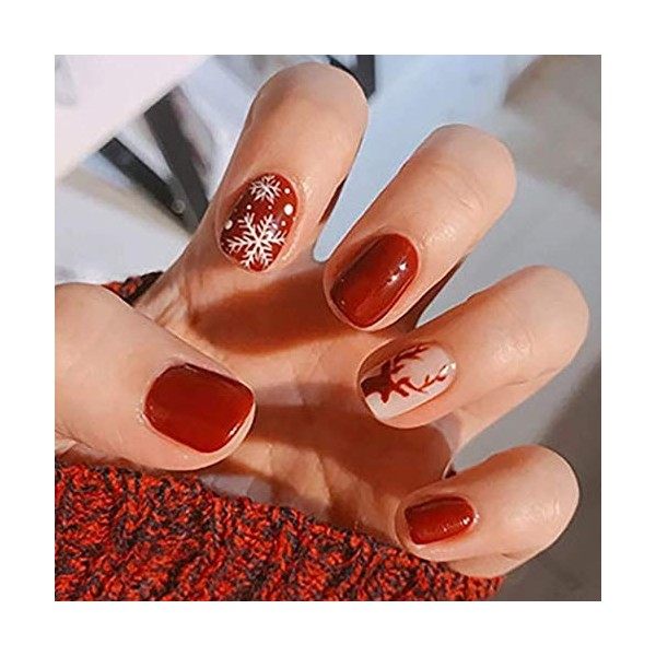 Brishow Faux ongles noël courts faux ongles neige élan acrylique presse sur ongles couverture complète bâton sur les ongles 2