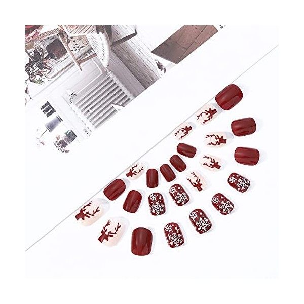 Brishow Faux ongles noël courts faux ongles neige élan acrylique presse sur ongles couverture complète bâton sur les ongles 2