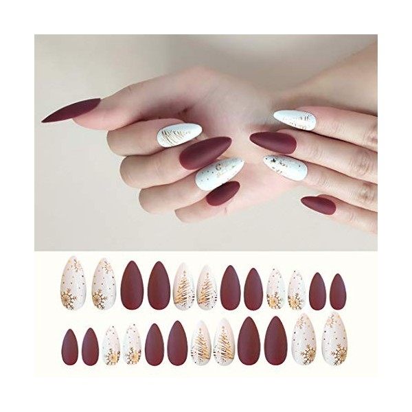 Sethexy Noël Mat Stylet Moyen Faux ongles rouge blanc Style de mode Acrylique Art Faux Ongles Conseils Cloches de Noël 24 piè