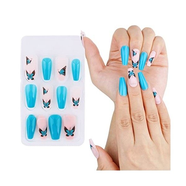 24PCS Faux Ongles Courts Sticker Nail Art Papillon Bleu Française Couverture Complète Avec Autocollant à Ongles Accessoires B