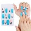 24PCS Faux Ongles Courts Sticker Nail Art Papillon Bleu Française Couverture Complète Avec Autocollant à Ongles Accessoires B