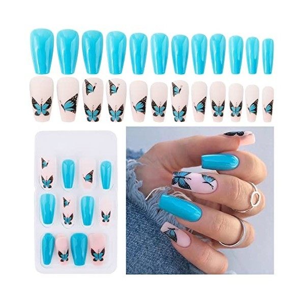 24PCS Faux Ongles Courts Sticker Nail Art Papillon Bleu Française Couverture Complète Avec Autocollant à Ongles Accessoires B