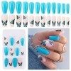 24PCS Faux Ongles Courts Sticker Nail Art Papillon Bleu Française Couverture Complète Avec Autocollant à Ongles Accessoires B