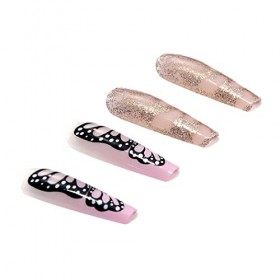 Brishow Cercueil Faux ongles papillon presse sur ongles rose long bâton sur ongles ballerine acrylique faux ongles 24 pièces 
