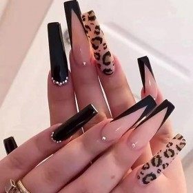 Brishow Faux ongles longs faux ongles léopard presse sur ongles strass bâton sur ongles 24 pièces pour femmes et filles