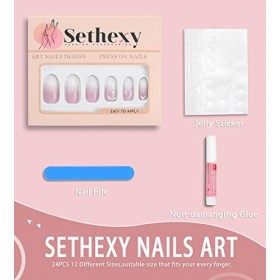 Sethexy Ombre Court Ballerine Faux ongles Rose Peinture Press on Nails avec Crystal Faux Ongles Autocollants Mariage 24Pcs Ac