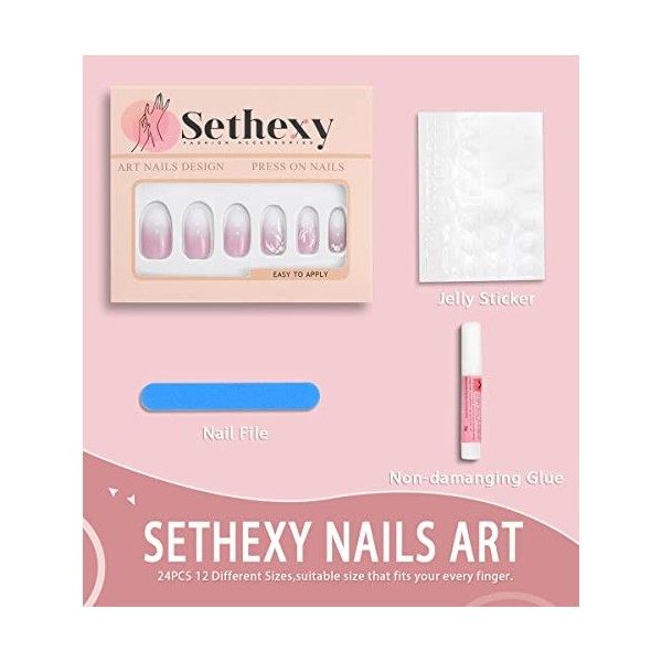 Sethexy Ombre Court Ballerine Faux ongles Rose Peinture Press on Nails avec Crystal Faux Ongles Autocollants Mariage 24Pcs Ac