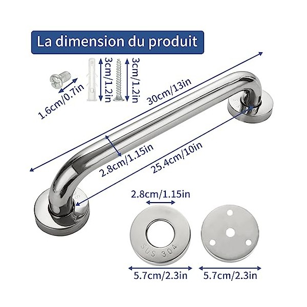 GOYADA Lot de 4 Barre dappui de Douche, Barres dappui de Salle de Bain 30 CM, Poignée Baignoire de Sécurité en Acier Inoxyd