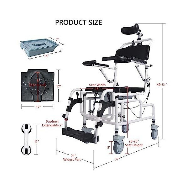 Fauteuil Roulant De Douche Inclinable à 45°, Fauteuil De Transport Avec Repose-Pieds, SièGe Rembourré, Roulettes AntidéRapant