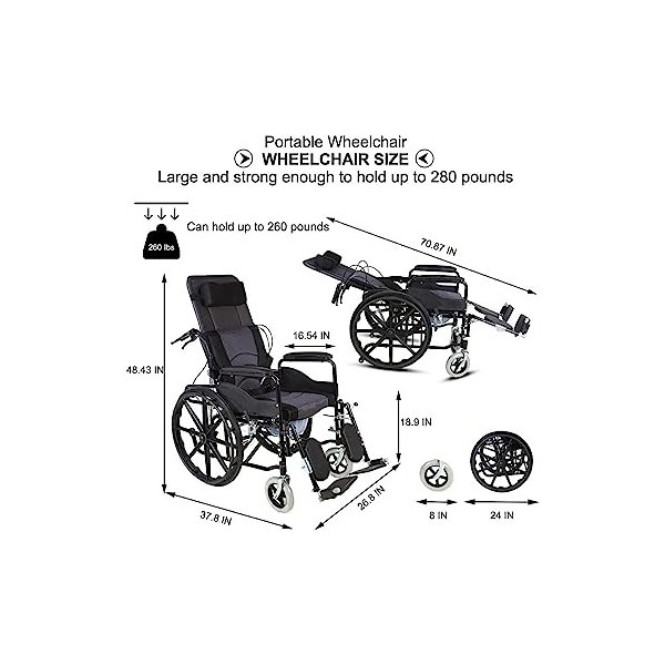 LSHTAR Fauteuil Roulant Manuel Pliable pour handicapés, Fauteuil hydraulique allongé avec accoudoir Amovible, Repose-Jambes é