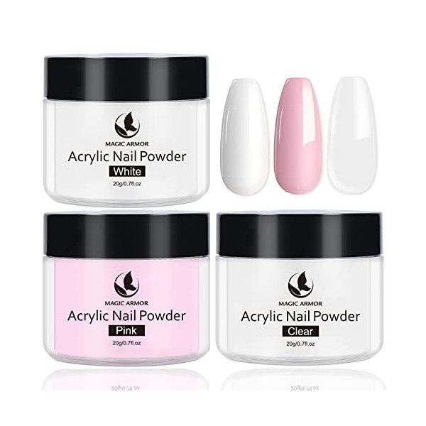 MAGIC ARMOR 3pcs acrylique poudre 20g poudre blanc clair Acrylique Poudre pour acrylique liquide acrylique ongles sculpture