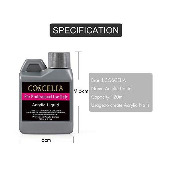 Coscelia Acrylic Liquid 120ML Liquide pour Acrylique Poudre Liquide pour Ongles Acryliques Application Extension d’ongles Scu