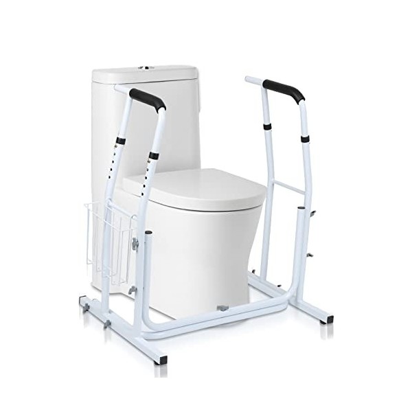 Ansobea Support de toilettes mobile réglable en hauteur - Support de WC avec panier de rangement - Pour personnes âgées et bl