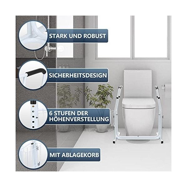 Ansobea Support de toilettes mobile réglable en hauteur - Support de WC avec panier de rangement - Pour personnes âgées et bl