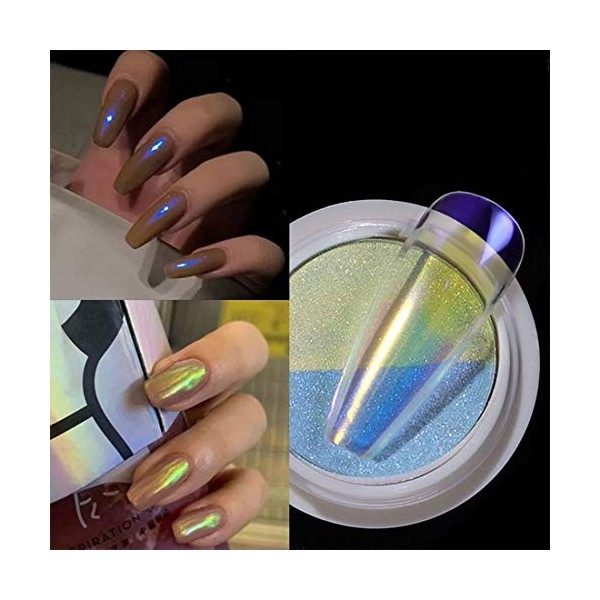 Poudre à ongles, double couleur Aurora Chrome Poudre à ongles Effet miroir multiple Sirène Neon Poudre transparente Manucure 