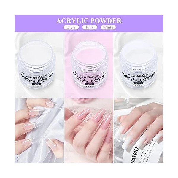 SPTHTHHPY Kit Vernis à Ongles Complet, 3Pcs Poudre Acrylique pour Ongles et 40ML Professionnel Liquide Acrylique + accessoire