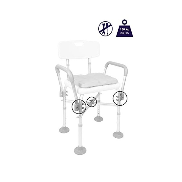 KMINA - Chaise de Douche 150 kg avec Double Traverse Renforcée et Coussin, Tabouret de Douche avec Accoudoirs, Siège de Dou