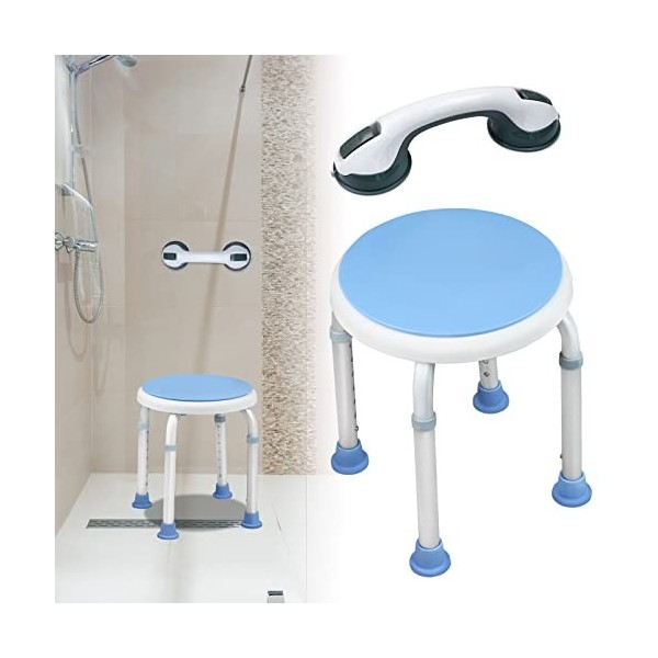 LARS360 Tabouret de douche avec poignée, réglable en hauteur, chaise de douche pivotante à 360 °, pour douche antidérapante, 