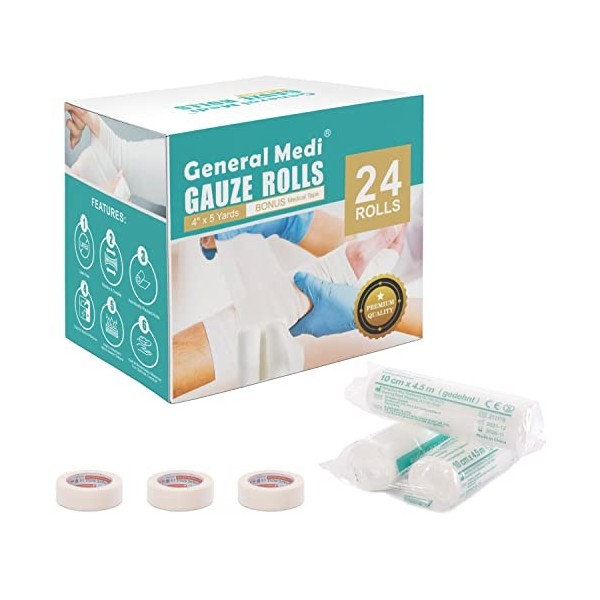 General Medi Bandage conforme, paquet de 24 rouleaux de bandage de gaze avec bonus 3 x ruban médical