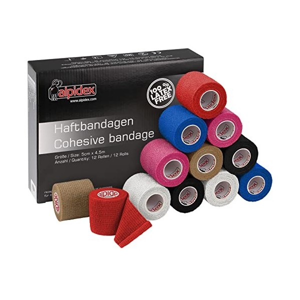 ALPIDEX 12 Rouleaux Bande Cohésive 5 cm x 4,5 m Bandage Autoadhésif Plusieurs Couleurs Bande Auto Adhésif Strap Doigt Chevill