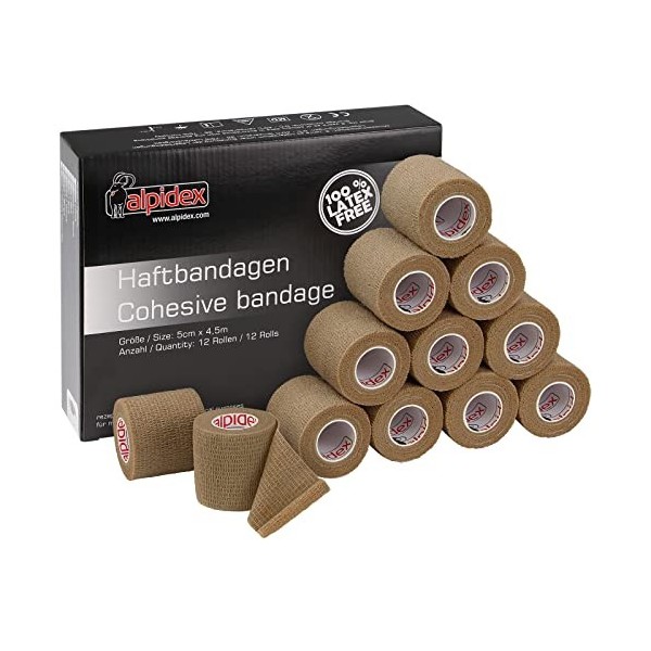 ALPIDEX 12 Rouleaux Bande Cohésive 5 cm x 4,5 m Bandage Autoadhésif Plusieurs Couleurs Bande Auto Adhésif Strap Doigt Chevill