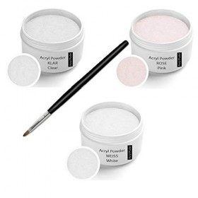 Kit de acrylique Poudre 3x30g incl. Pinceau acrylique, Poudre 30g Transparente, 30g Blance, 30g Rose 