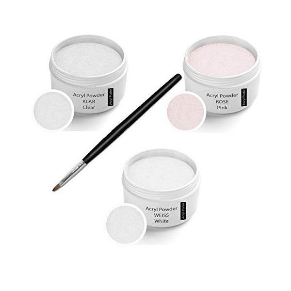 Kit de acrylique Poudre 3x30g incl. Pinceau acrylique, Poudre 30g Transparente, 30g Blance, 30g Rose 