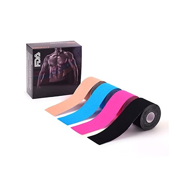 Bande Kinesiologie Tape, Lot de 4 Rouleau de 5m x 5cm, Kinesio Tape Imperméable Élastique Tape pour Sport & Physio,Kinesiolog