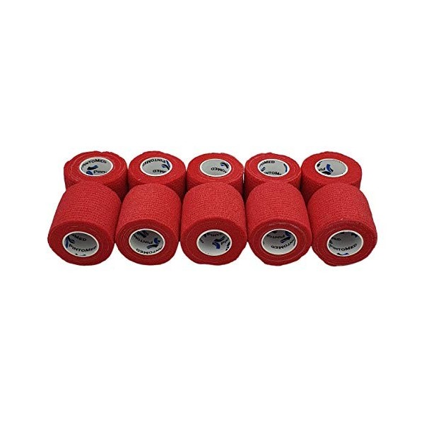 PintoMed - Bandage Cohésif - 10 Rouleaux Rouge X 5 cm X 4.5 m Autoadhésif, Sports Bande, Premiers Secours Adhésif, Vet Wrap