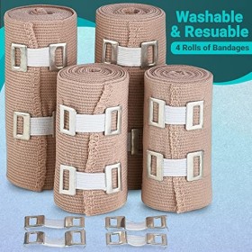 Bandage de compression élastique – Qualité supérieure lot de 4 avec crochets, rouleaux de bande de soutien athlétique pour 