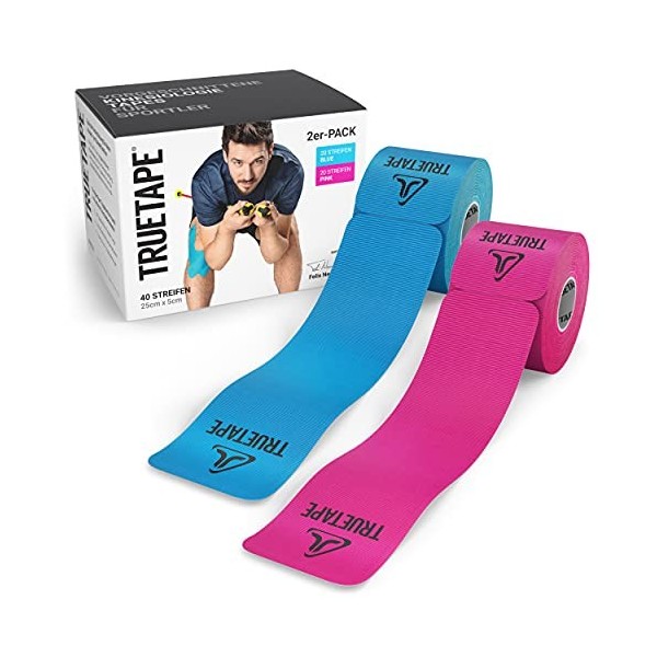 TRUETAPE® - Bande de kinésiologie prédécoupées | Kinesio Tape imperméable & élastique pour le sport | Duopack | 2x 20 bandes 