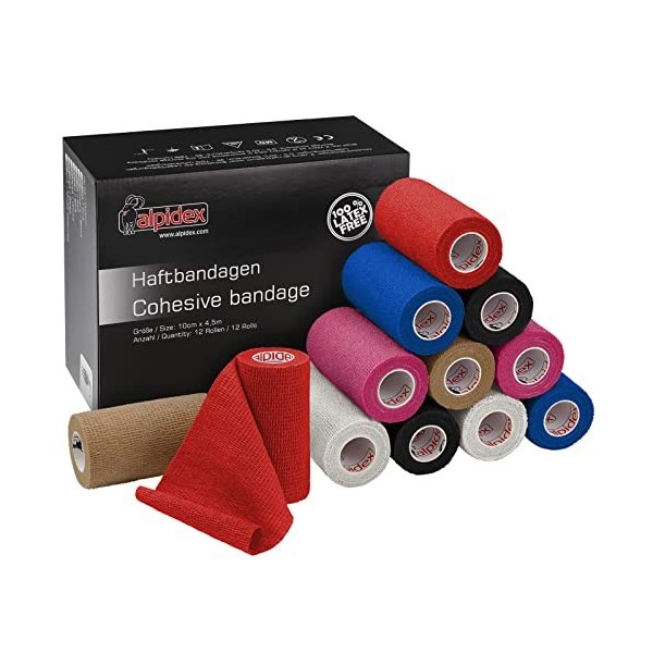 ALPIDEX 12 Rouleaux Bande Cohésive 10 cm x 4,5 m Bandage Autoadhésif Plusieurs Couleurs Bande Auto Adhésif Strap Doigt Chevil