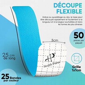 Bande Kinesiologie - 50 Bande de Kinésiologie Precut bleu + noir 25cm x 5cm - Original Health Press Kinesiotape - Profi Phy