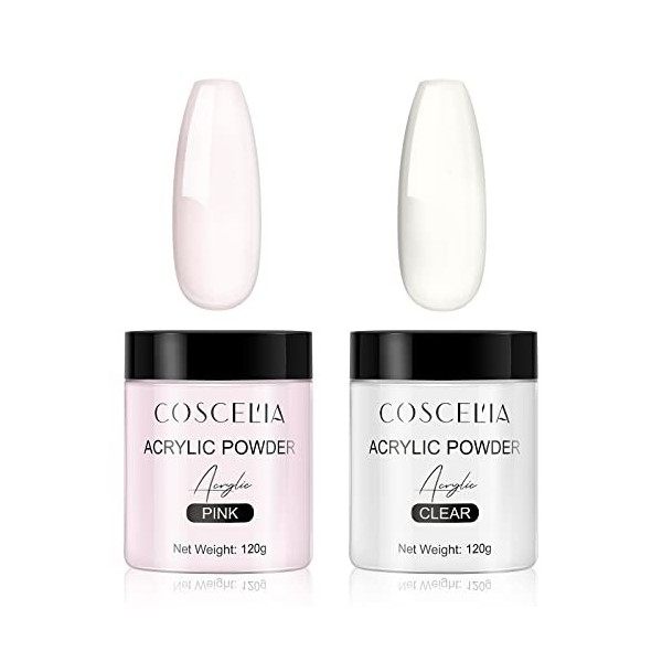 COSCELIA Kit Poudre Acrylique pour Ongles 2x120g, Claire Rose Poudre Acrylique Acrylic Powder Resine Poudre de Construction O