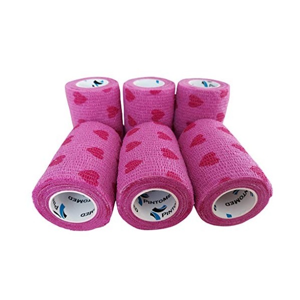 PintoMed - Bandage Cohésif - 6 Rose avec Coeurs Rouge Love Rouleaux X 7,5 cm X 4,5 m Autoadhésif, Sports Bande, Premiers Seco