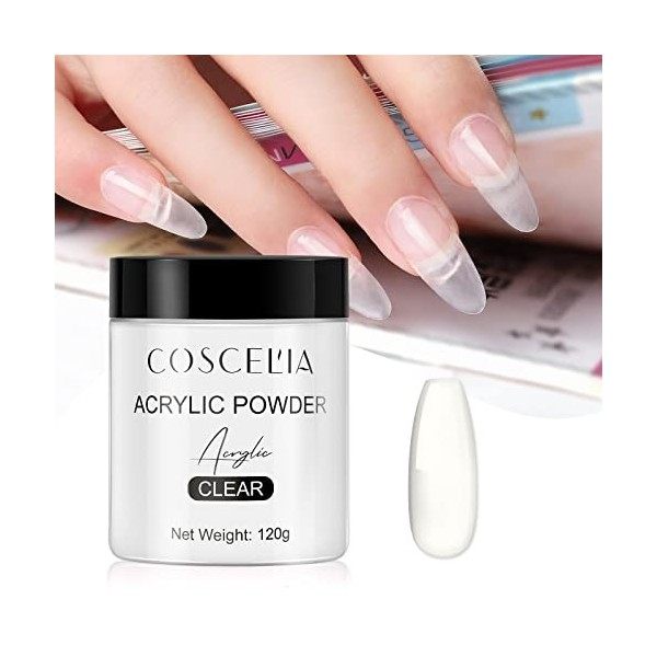 COSCELIA 1 Pots Poudre Acrylique claire 120g Nail Powder Ongle pour Allonger les Ongle poudre acrylique pour ongles