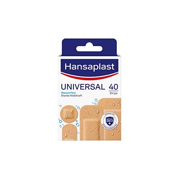 Hansaplast Pansements universels 40 bandes , anti-saleté et hydrofuge, avec forte adhérence et bouclier Bacteria