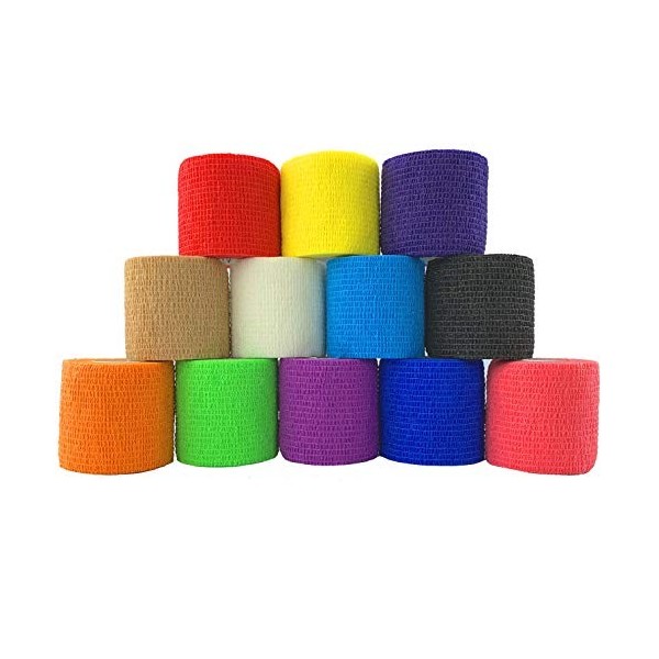 Inksafe Lot de 12 bandages cohésiques auto-adhérents 5 cm x 4,5 m Couleurs assorties