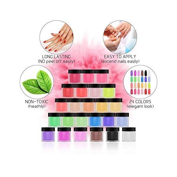 LINYU Poudre Acrylique pour Ongles, Poudre à Ongles, 24 Couleurs Ensemble Poudre Acrylique 3D Gel UV Poudre Ongles Glitter Cr