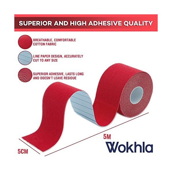 WOKHLA Bande de kinésiologie rouge étanche – Sans latex pour muscles et physio 5 cm x 9 cm x 11,6 cm, colle médicamenteuse fo