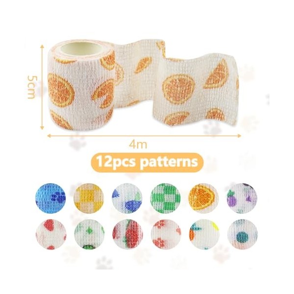 12 Rouleaux Bande Cohésive, 5cm x 4m Bandage Autoadhésif Cohésifs pour Personnes et Animaux, Bandage Sportif, Ventilé Bandage