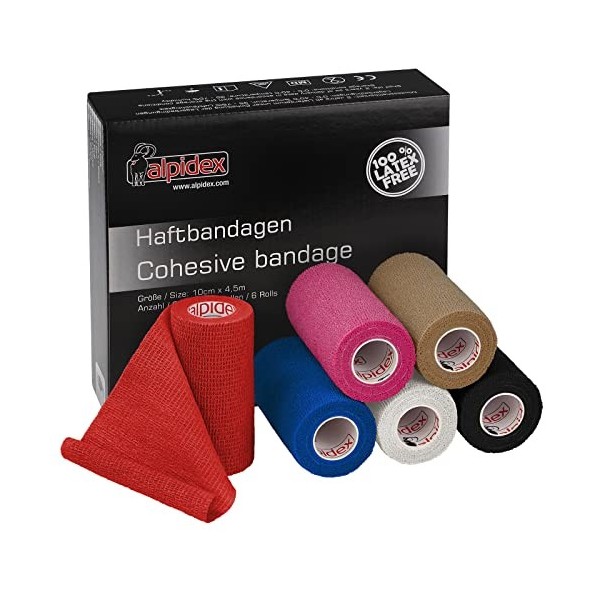 ALPIDEX 6 Rouleaux Bande Cohésive 10 cm x 4,5 m Bandage Autoadhésif Plusieurs Couleurs Bande Auto Adhésif Strap Doigt Chevill