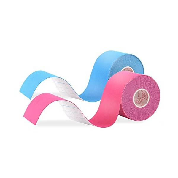 JOPHEK Bande de Kinésiologie 2 Rouleaux Bleu & Rose , 5m x 5cm, Bande élastique et imperméable pour le sport, Physio Tape, H