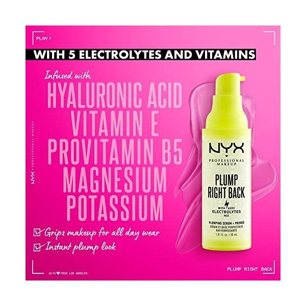 NYX PROFESSIONAL MAKEUP Primer et Sérum Plump Right Back, Aux Électrolytes, Formule Vegan, 30 ml
