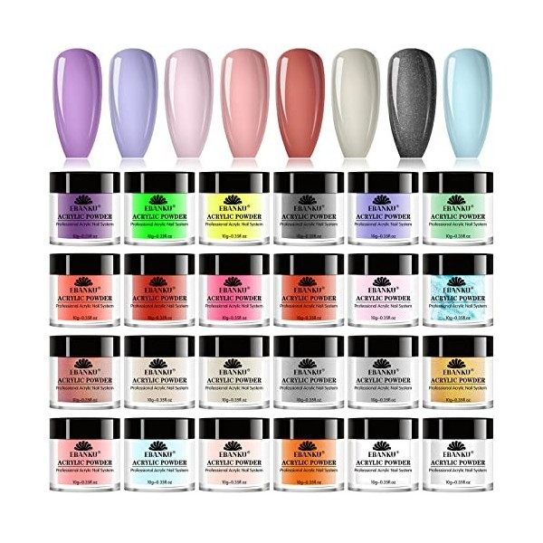 EBANKU Ensemble de Poudre Acrylique, 24 Couleurs Poudre Acrylique Professionnelle Poudre Acrylique pour Ongles Extension Acry