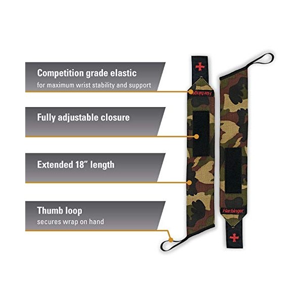 Harbinger Red Line Paire de bandages dhaltérophilie pour homme et femme Camouflage 45,7 cm